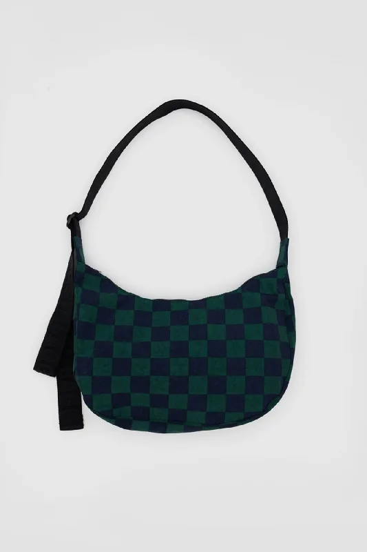 BAGGU Medium Nylon Crescent Bag Navy Green Check