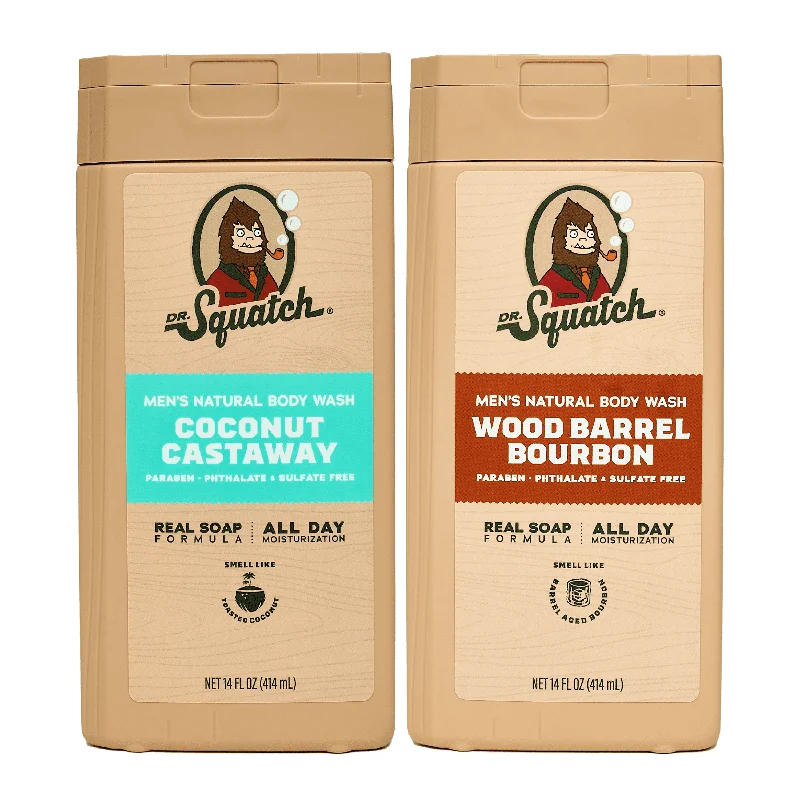 NEW Dr. Squatch Natural Body Wash for Men - Non-Exfoliating - Coconut Castaway + Wood Barrel Bourbon (14 oz, 2 Pack)