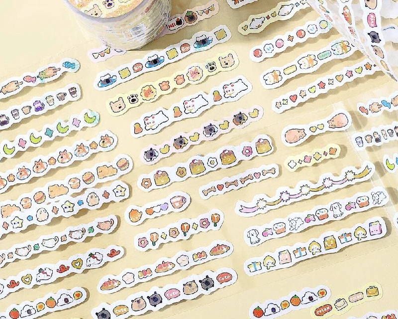 Cute Kawaii BGM Roll of Sticker Strips - C Coffee Latte Drink Cafe Cat Animal Tulip Rabbit Easter - for Scrapbooking Journal Planner Craft Project Gift Diary Schedule Organizer Calendar Notebook