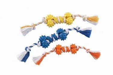 69033 NOBBY Rubber hedgehog-bone with rope assorted colours 10,5 cm