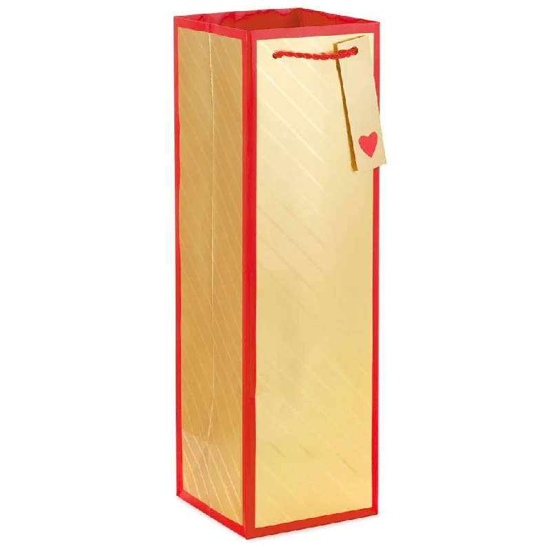 Hallmark : 13" Gold Stripes and Red Border Wine Bottle Gift Bag