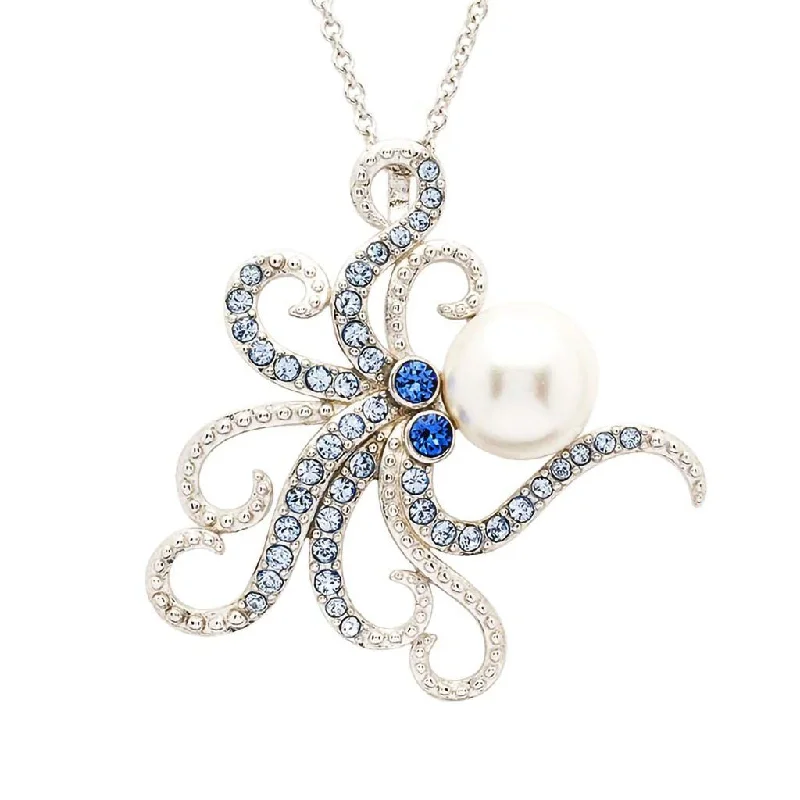 Ocean : Sterling Silver Pearl with Blue Crystal Octopus Necklace