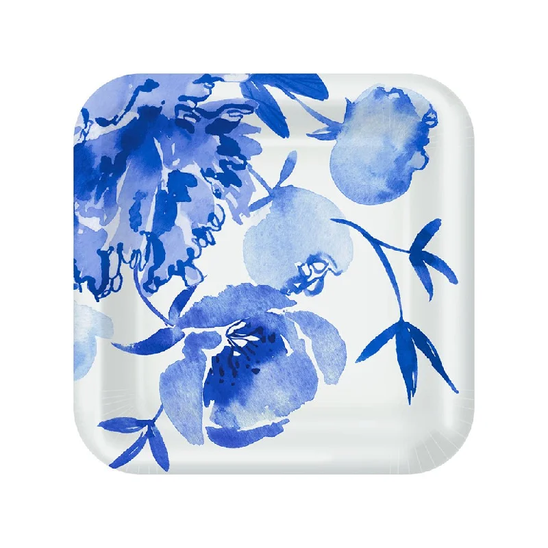 Hallmark : Blue Watercolor Floral Square Dinner Plates, Set of 8