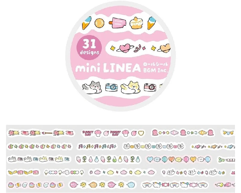 Cute Kawaii BGM Roll of Sticker Strips - B Pink Cat Sweets Party Strawberry Ice Cream - for Scrapbooking Journal Planner Craft Project Gift Diary Schedule Organizer Calendar Notebook