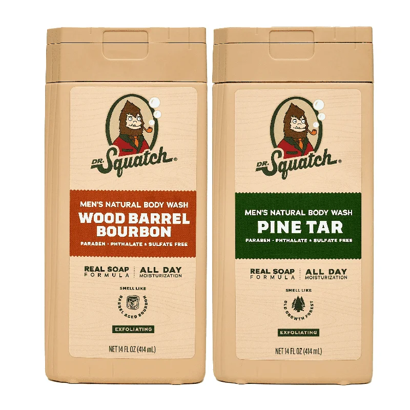 NEW Dr. Squatch Natural Body Wash for Men - Exfoliating - Wood Barrel Bourbon + Pine Tar (14 oz, 2 Pack)