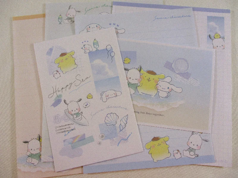 Cute Kawaii Sanrio Characters Cinnamoroll Pochacco Purin Happy Sea Beach Letter Sets - Writing Paper Envelope Stationery Penpal Collectible Gift