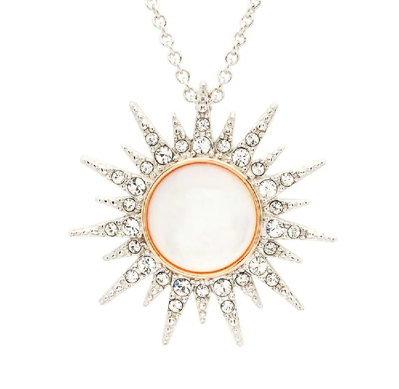 Ocean : Sterling Silver Mother of Pearl Sun Pendant with White Crystals and Rose Gold