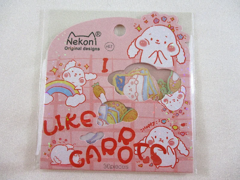 Cute Kawaii Nekoni Stickers Flake Sack - I Like Carrot ❤ Bunny Rabbit - for Journal Planner Craft Scrapbook Collectible Diary Project Gift