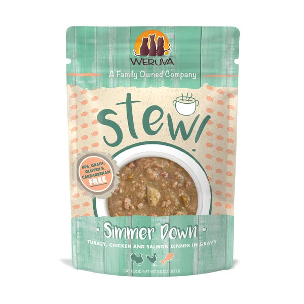 Weruva Cat Stew! Simmer Down Turkey, Chicken & Salmon Dinner in Gravy Cat Food (3.0 Oz - 12pk)