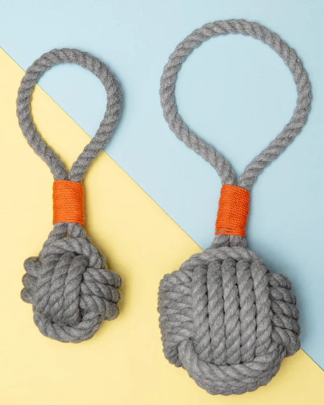 Monkey Fist Rope Dog Toy in Gray with Orange Whipping (Made in the USA)