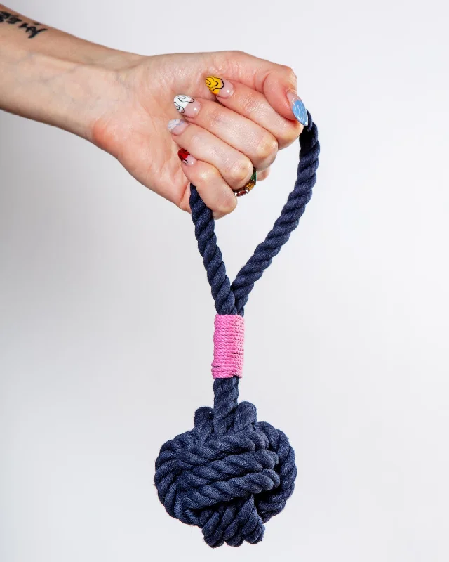 Monkey Fist Rope Dog Toy in Navy with Pink Whipping (Made in the USA)