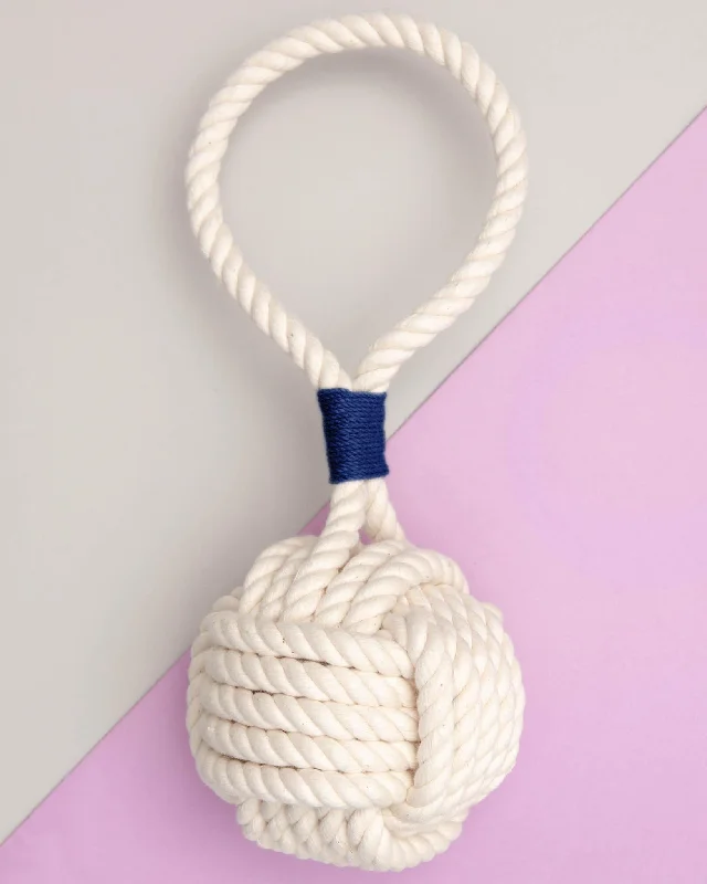 Monkey Fist Rope Dog Toy in White with Navy Whipping (Made in the USA)